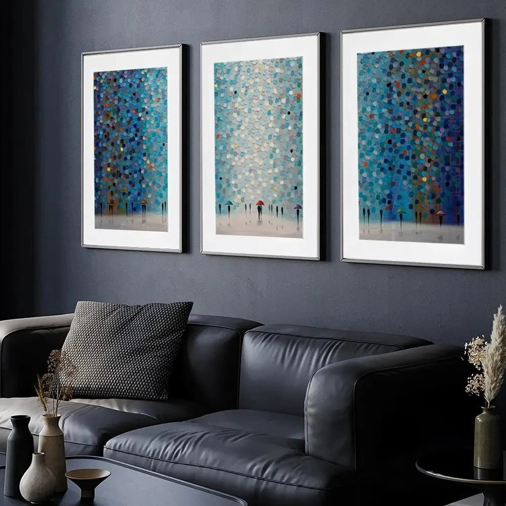 Umbrellas At Night Framed Art Print Trio