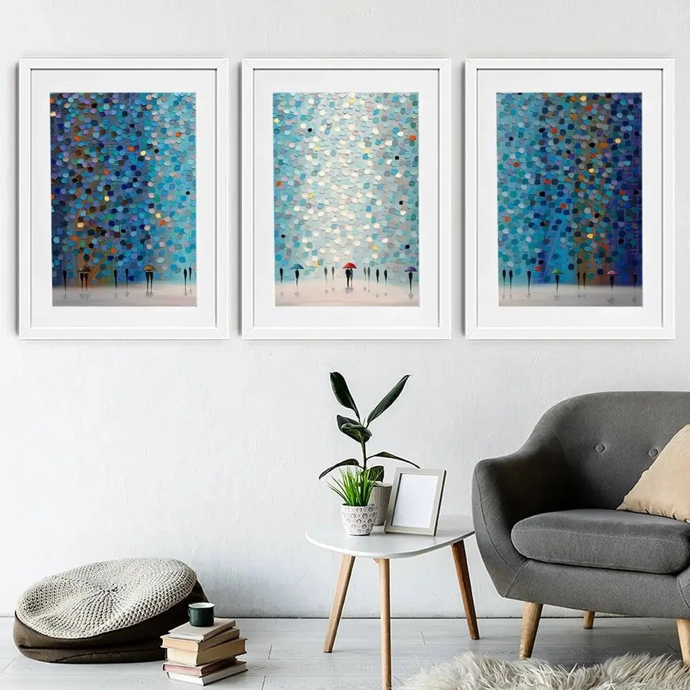 Umbrellas At Night Framed Art Print Trio