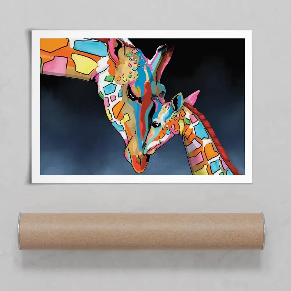 Multicoloured Giraffe And Calf Art Print
