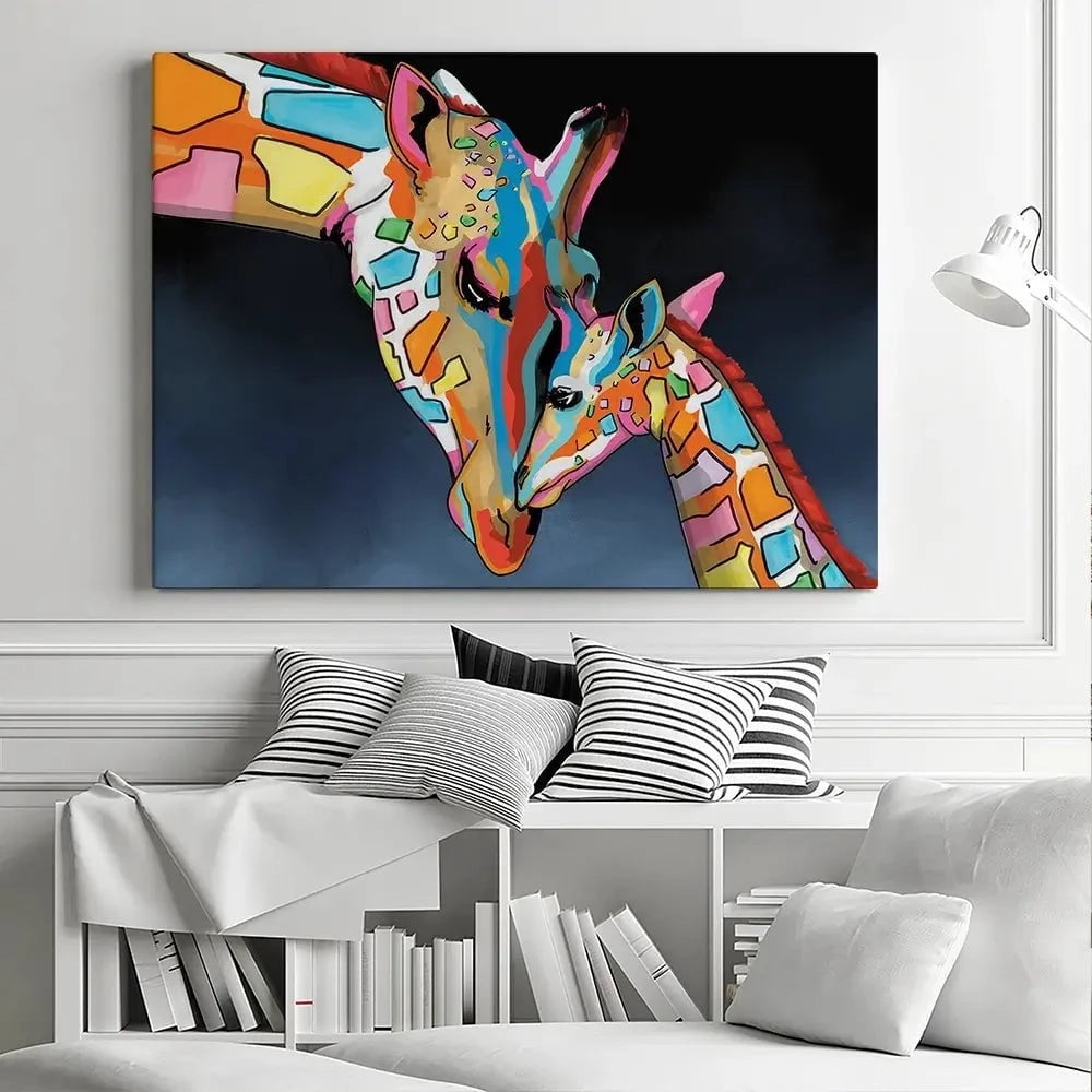 Multicoloured Giraffe and Calf Canvas Print