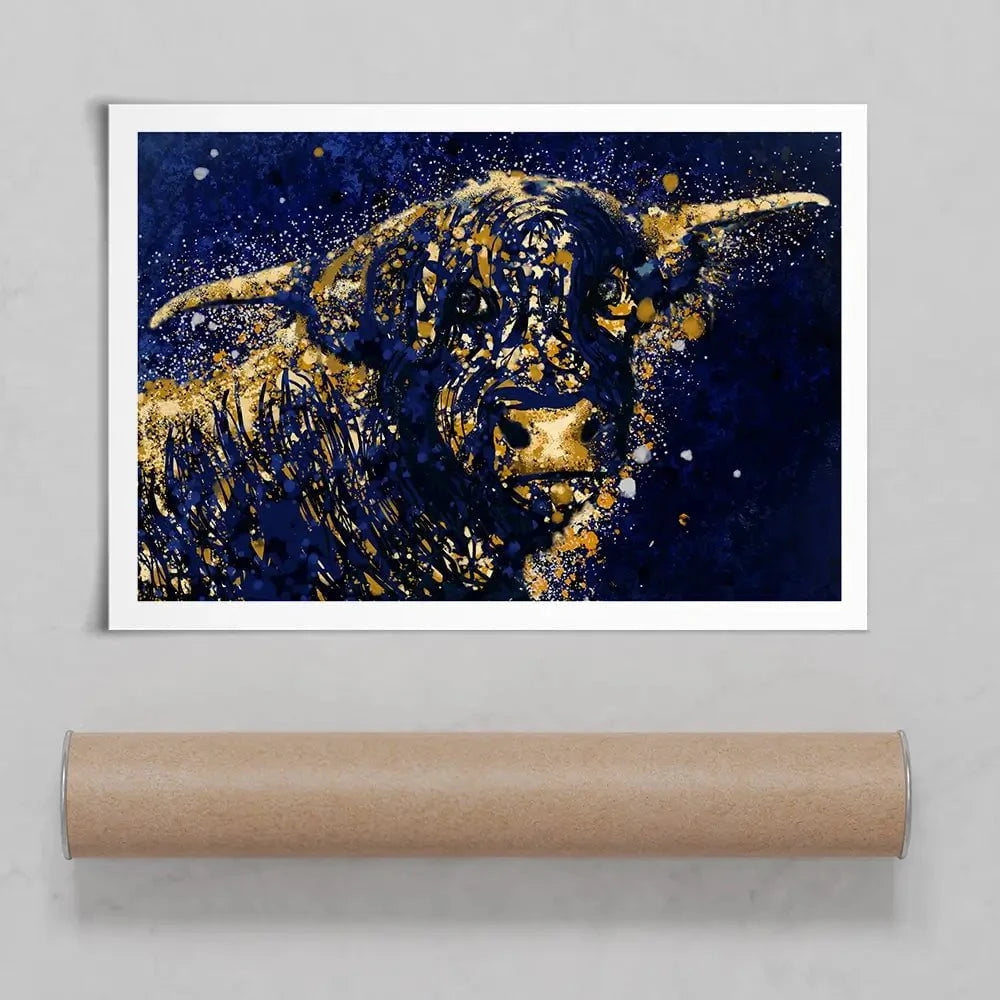 Highland Cow Navy Splash Art Print