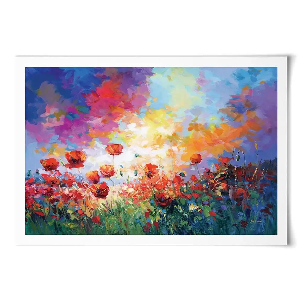 Red Poppy Flower Field At Sunset Art Print