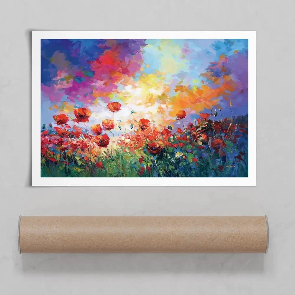 Red Poppy Flower Field At Sunset Art Print