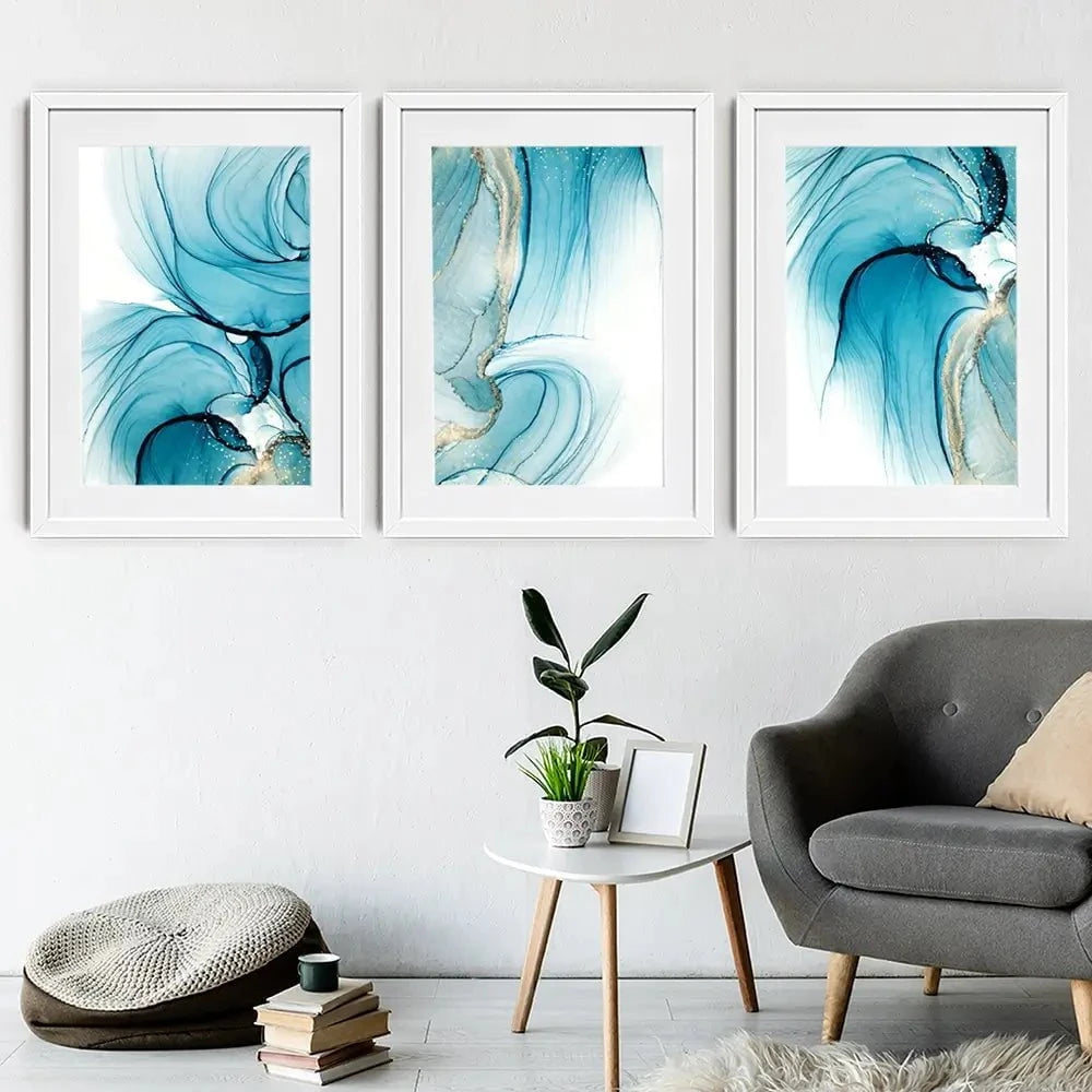 Blue Opulence Framed Art Print Trio