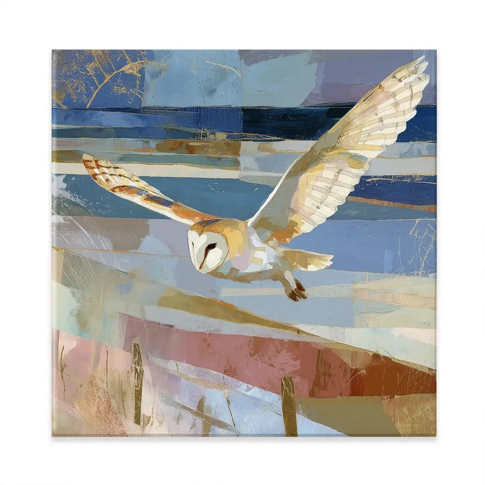 Barn Owl Gliding Over Countryside Square Canvas Print