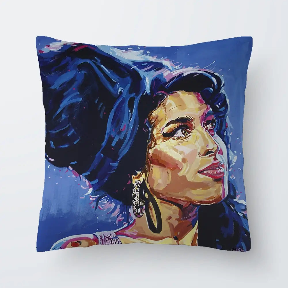 Amy Winehouse In This Blue Shade Cushion Amy Winehouse In This Blue Shade Cushion wall art product Juliet Stockton