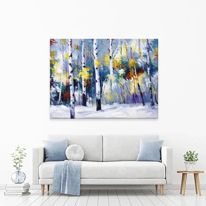 Autumn Birch Trees In Snowy Forest Canvas Print Autumn Birch Trees In Snowy Forest Canvas Print wall art product Leon Devenice