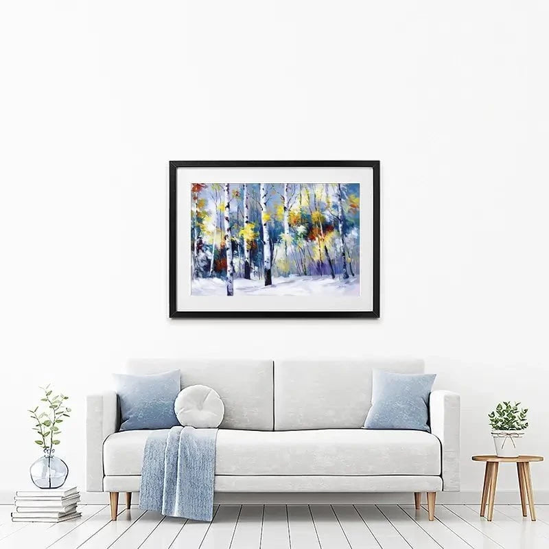 Autumn Birch Trees In Snowy Forest Framed Art Print Autumn Birch Trees In Snowy Forest Framed Art Print wall art product Leon Devenice