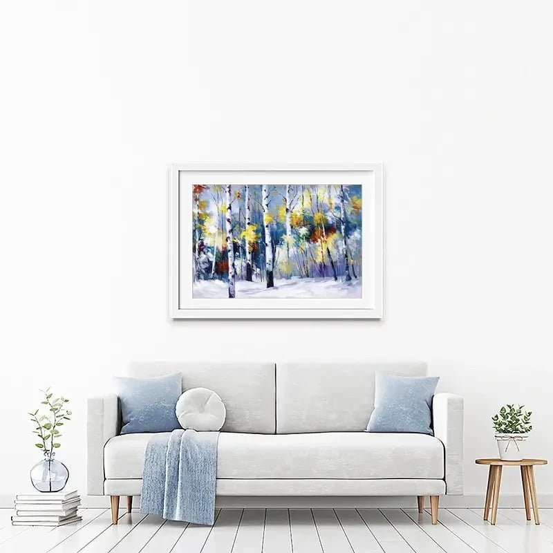 Autumn Birch Trees In Snowy Forest Framed Art Print Autumn Birch Trees In Snowy Forest Framed Art Print wall art product Leon Devenice
