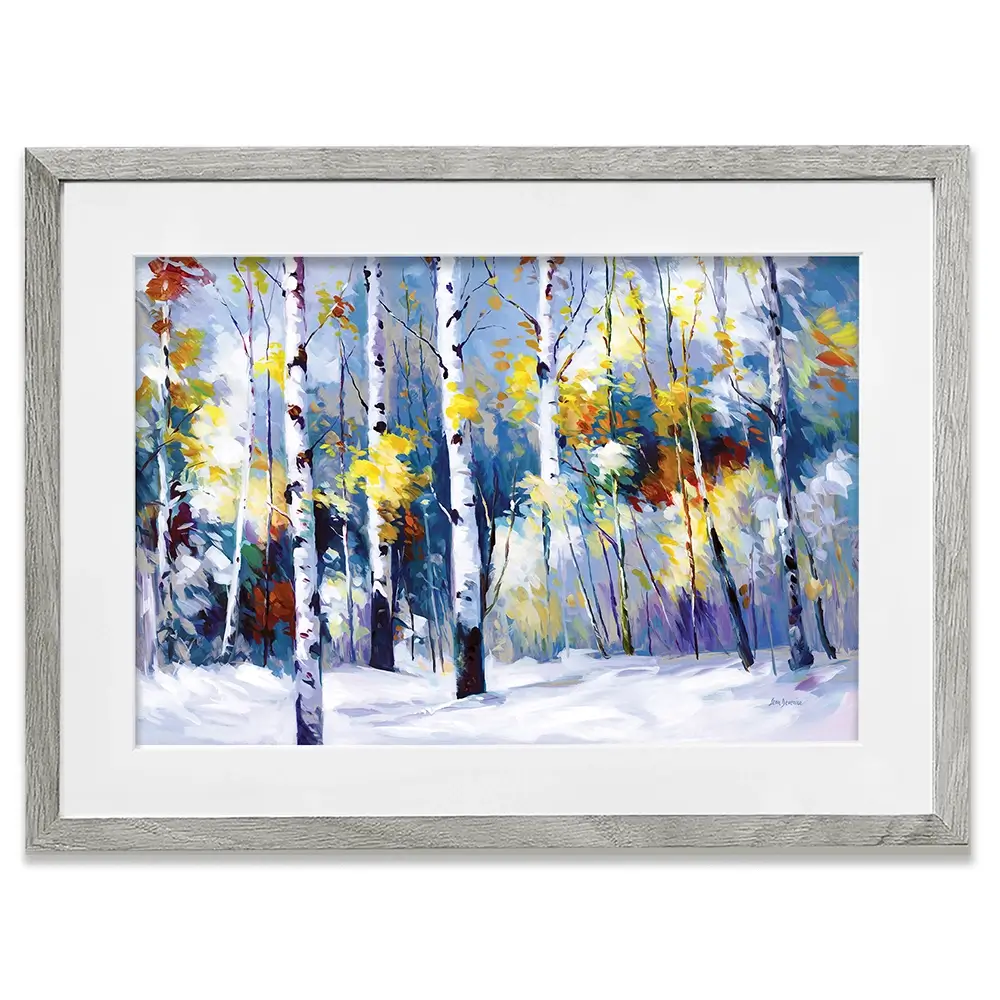 Autumn Birch Trees In Snowy Forest Framed Art Print Autumn Birch Trees In Snowy Forest Framed Art Print wall art product Leon Devenice