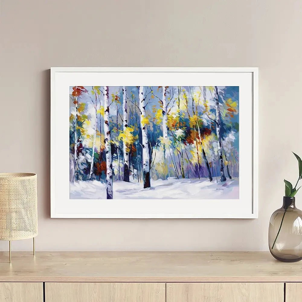 Autumn Birch Trees In Snowy Forest Framed Art Print Autumn Birch Trees In Snowy Forest Framed Art Print wall art product Leon Devenice