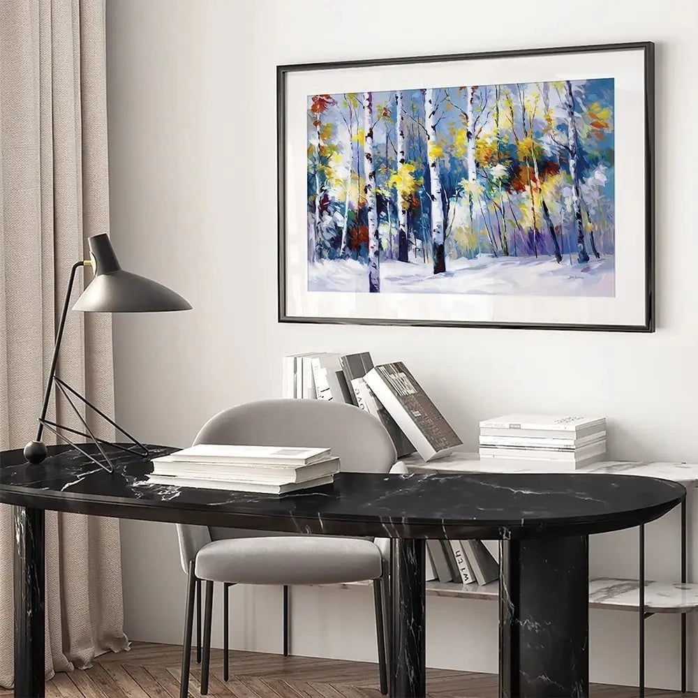 Autumn Birch Trees In Snowy Forest Framed Art Print Autumn Birch Trees In Snowy Forest Framed Art Print wall art product Leon Devenice