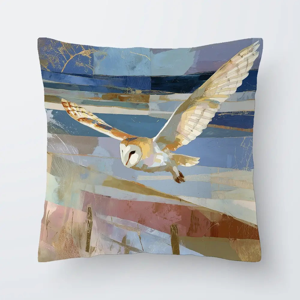Barn Owl Gliding Over Countryside Cushion Barn Owl Gliding Over Countryside Cushion wall art product Chromatic Storm Studio