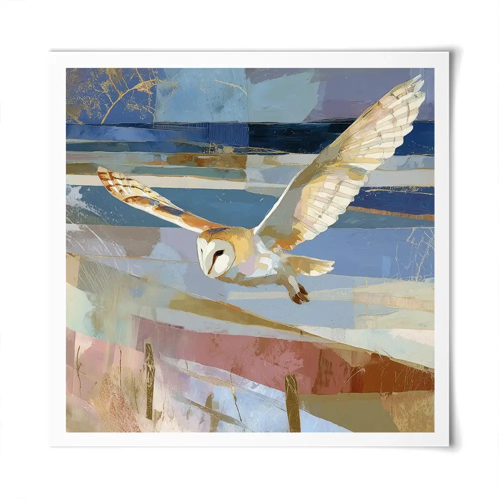 Barn Owl Gliding Over Countryside Square Art Print Barn Owl Gliding Over Countryside Square Art Print wall art product Chromatic Storm Studio