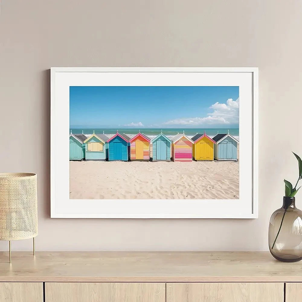 Beach Huts In A Row Framed Art Print Beach Huts In A Row Framed Art Print wall art product Art Print Shop