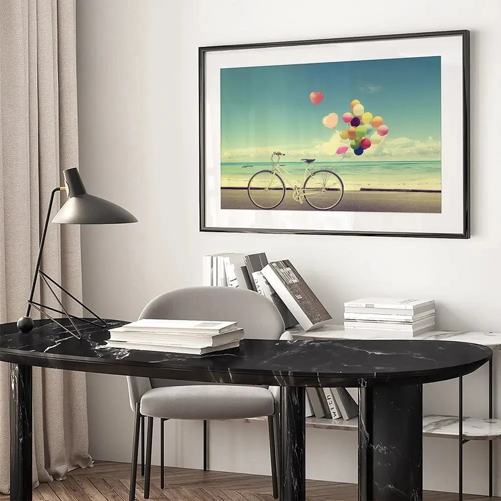 Bicycle And Balloons Framed Art Print Bicycle And Balloons Framed Art Print wall art product jakkapan / Shutterstock