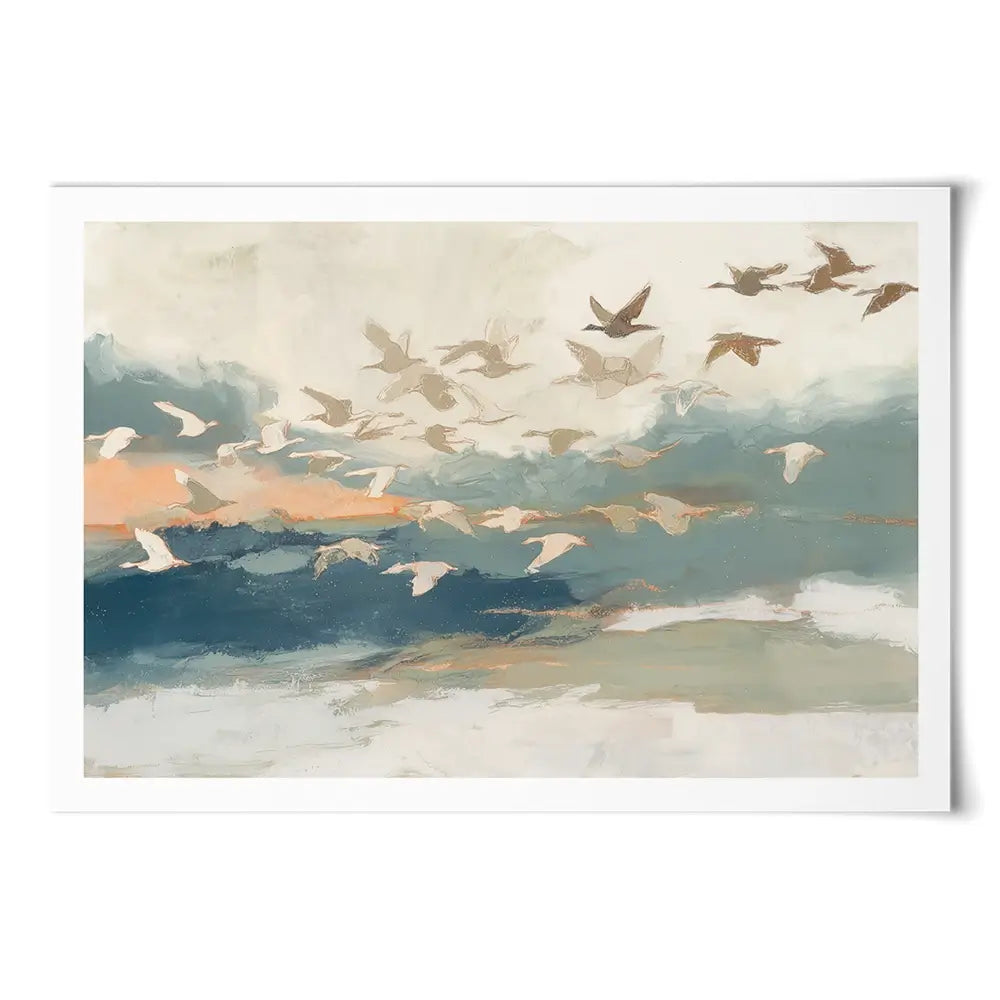 Birds In Flight At Dusk Over Open Water Art Print Birds In Flight At Dusk Over Open Water Art Print wall art product Chromatic Storm Studio