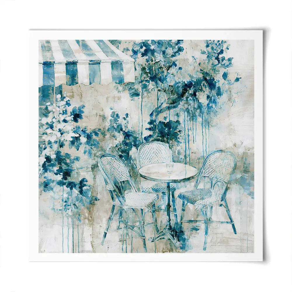 Bistro Table Under Striped Awning Square Art Print Bistro Table Under Striped Awning Square Art Print wall art product Chromatic Storm Studio
