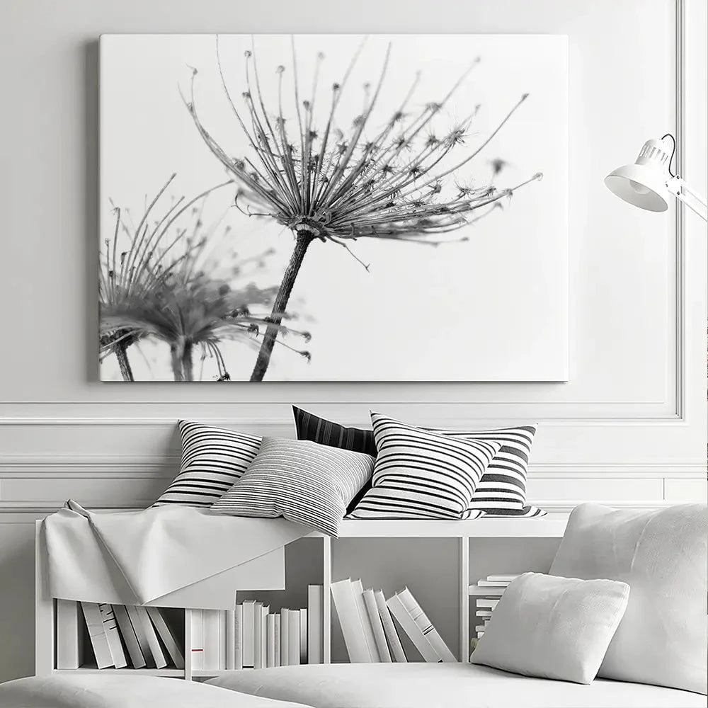Black And White Dandelions Canvas Print Black And White Dandelions Canvas Print wall art product Dubova / Shutterstock