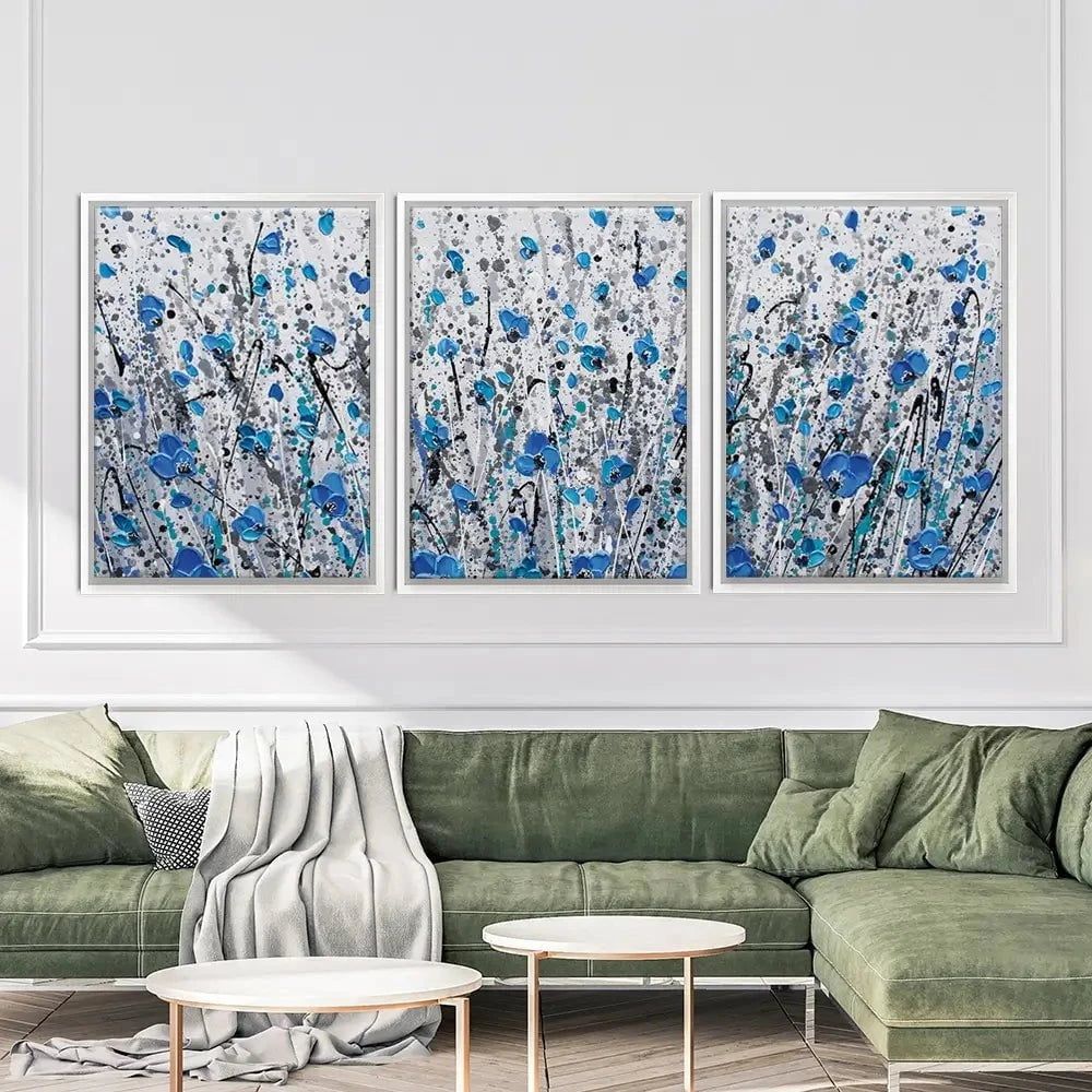 Blue And Grey Meadow Trio Canvas Print Blue And Grey Meadow Trio Canvas Print wall art product Olga Tkachyk