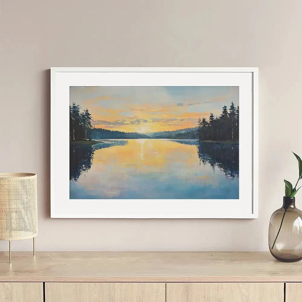 Blue Lake Morning Sunrise Framed Art Print Blue Lake Morning Sunrise Framed Art Print wall art product Gina Kelly - Independent
