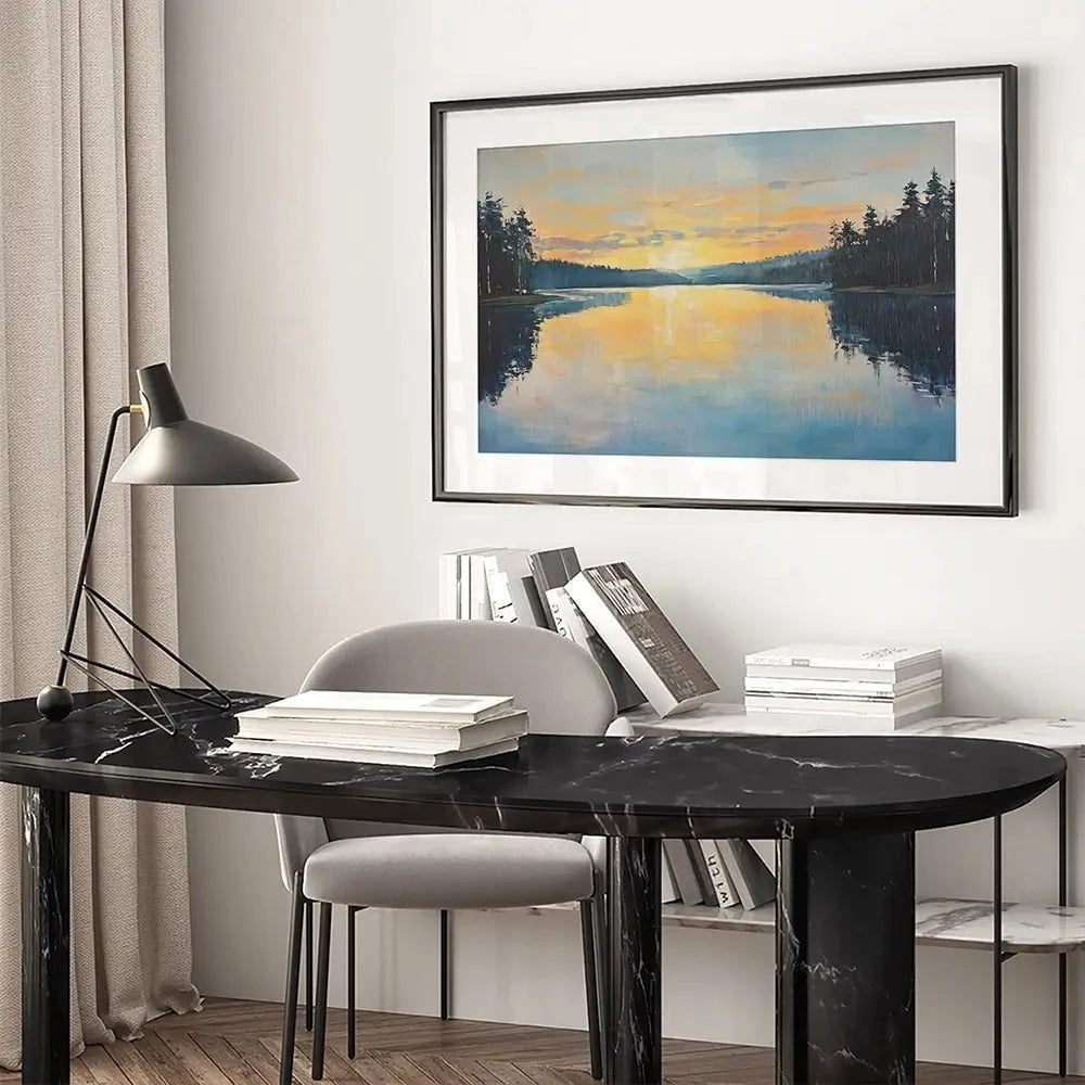 Blue Lake Morning Sunrise Framed Art Print Blue Lake Morning Sunrise Framed Art Print wall art product Gina Kelly - Independent