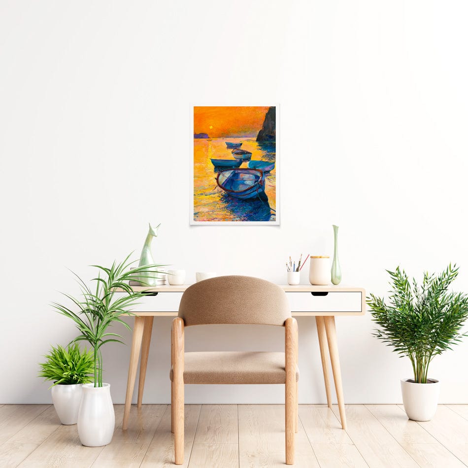 Boats At Sunset Art Print wall art product / Shutterstock