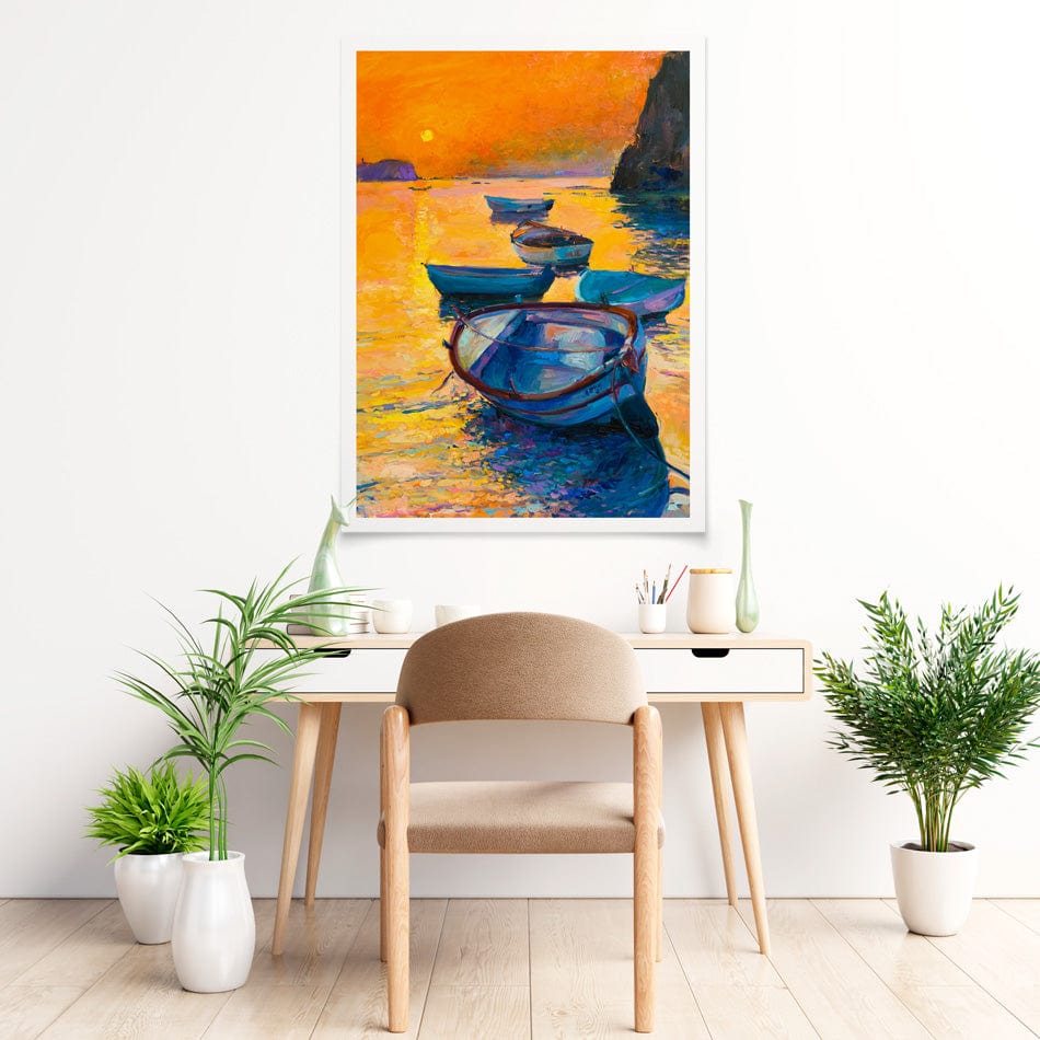 Boats At Sunset Art Print wall art product / Shutterstock