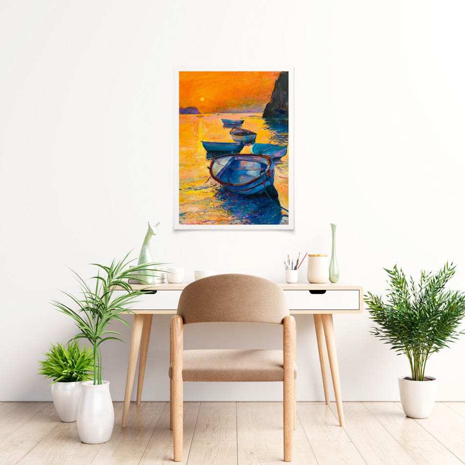 Boats At Sunset Art Print wall art product / Shutterstock