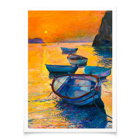 Boats At Sunset Art Print wall art product / Shutterstock