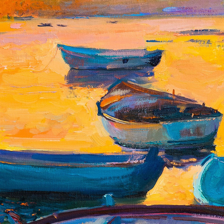 Boats At Sunset Art Print wall art product / Shutterstock