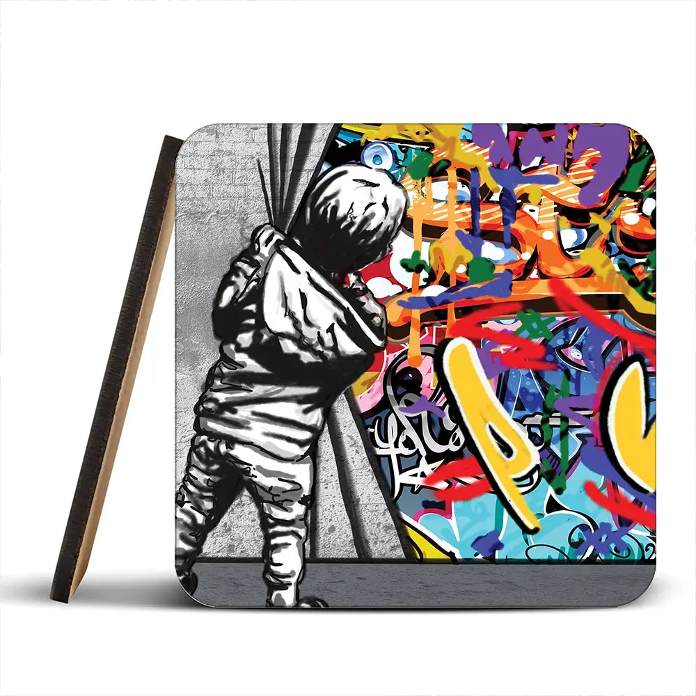 Boy Pulling Back The Curtain Coaster Set Rainbow Soul Tree Coaster Set | Rainbow Soul Tree Art Coasters wall art product Banksy