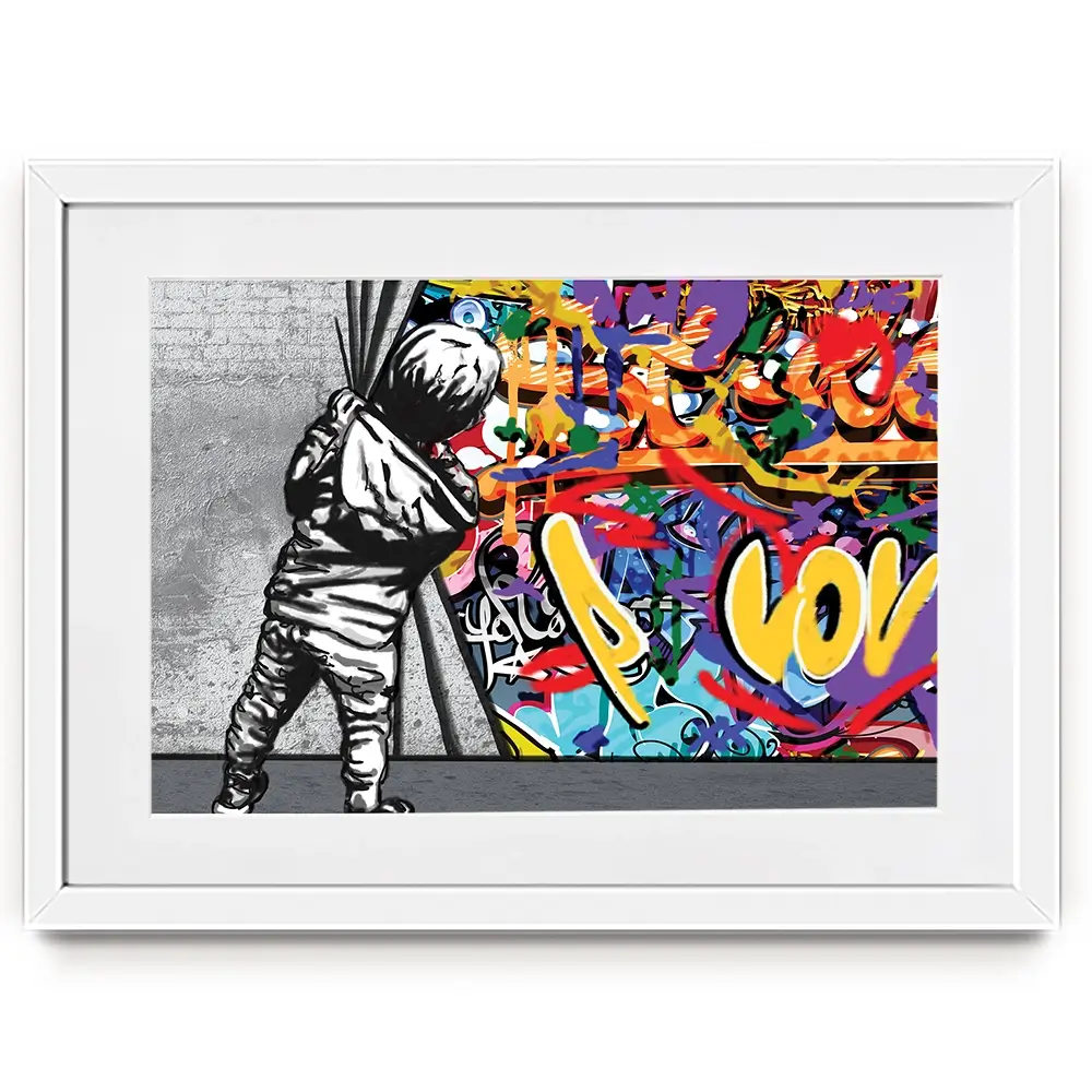 Boy Pulling Back The Curtain Framed Art Print Boy Pulling Back The Curtain Framed Art Print wall art product Banksy