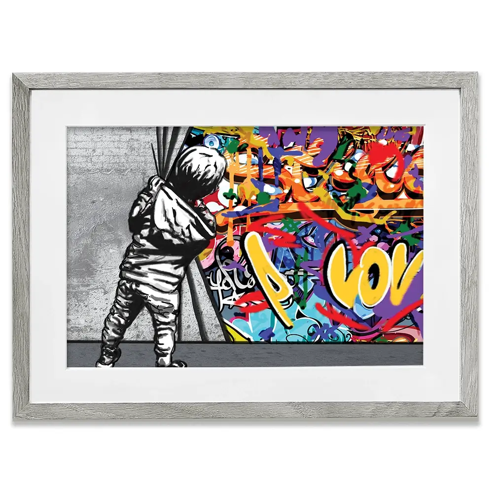 Boy Pulling Back The Curtain Framed Art Print Boy Pulling Back The Curtain Framed Art Print wall art product Banksy