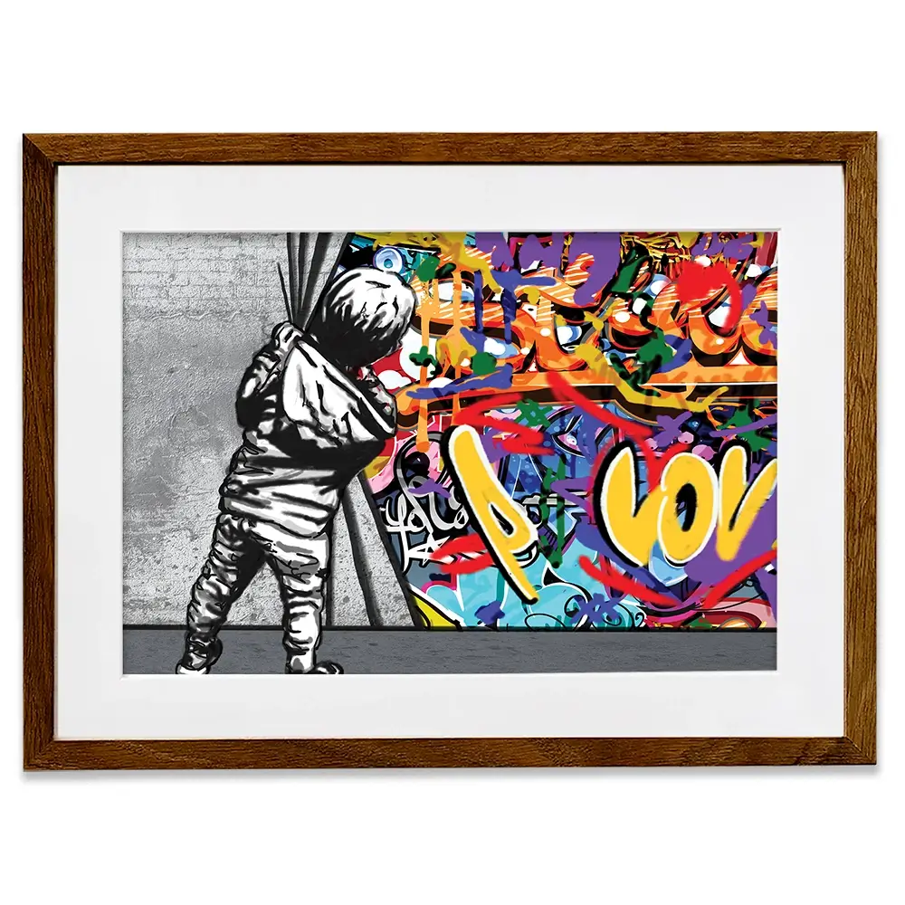 Boy Pulling Back The Curtain Framed Art Print Boy Pulling Back The Curtain Framed Art Print wall art product Banksy