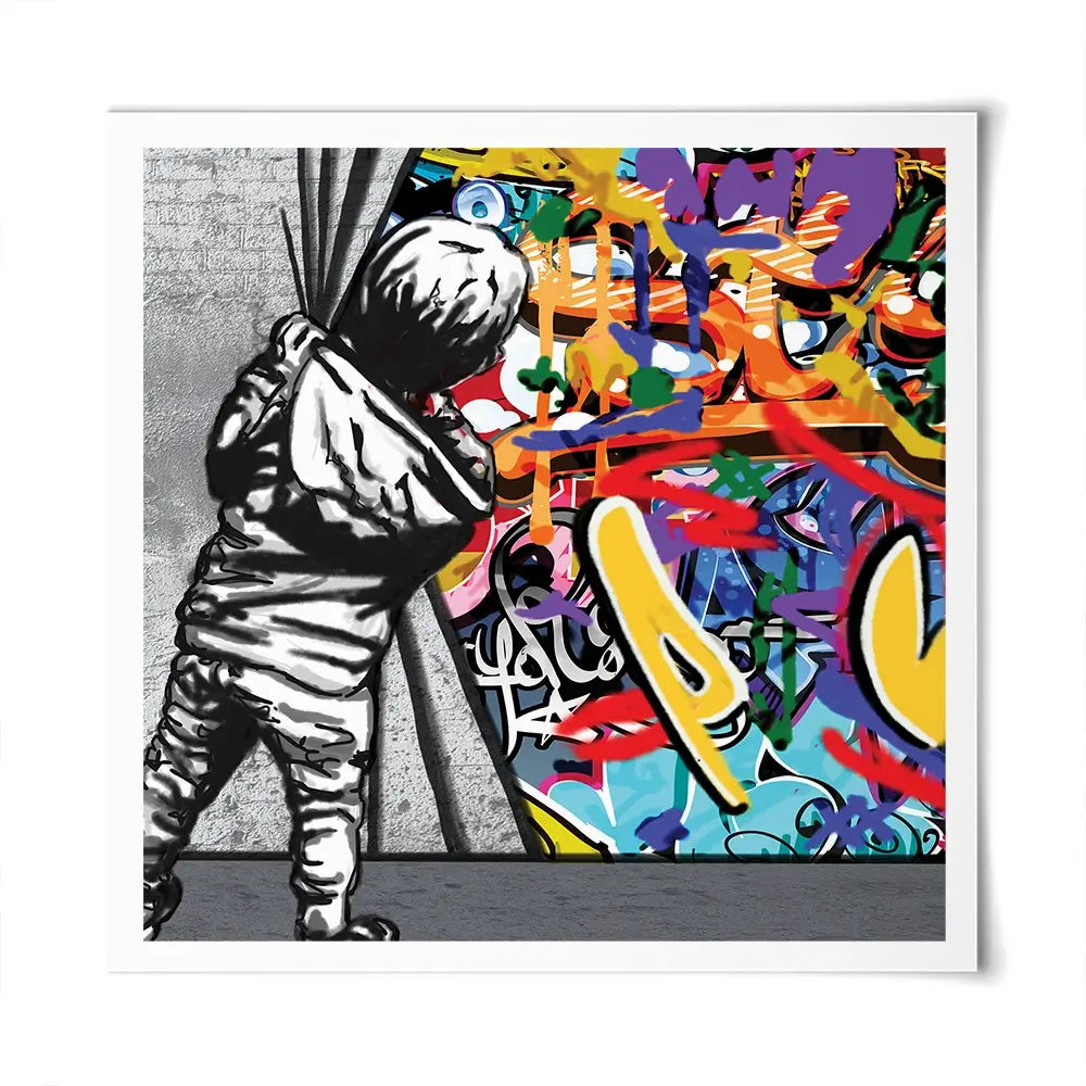 Boy Pulling Back The Curtain Square Art Print Boy Pulling Back The Curtain Square Art Print wall art product Banksy