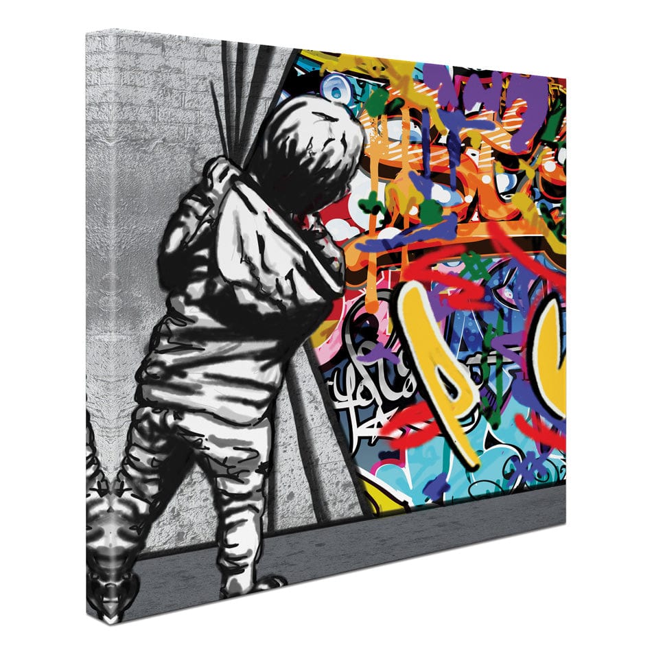 Boy Pulling Back The Curtain Square Canvas Print wall art product Banksy