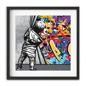 Boy Pulling Back The Curtain Square Framed Art Print wall art product Banksy