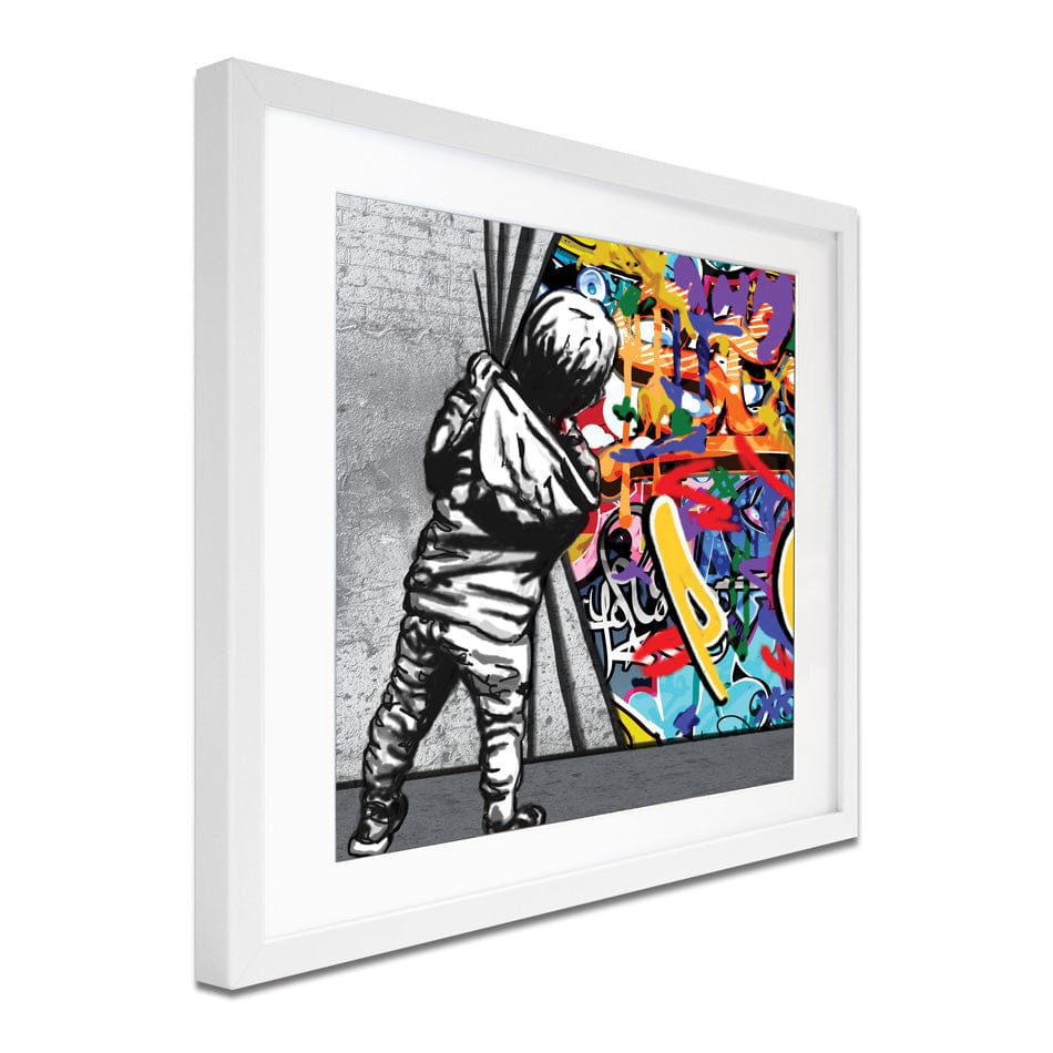 Boy Pulling Back The Curtain Square Framed Art Print wall art product Banksy