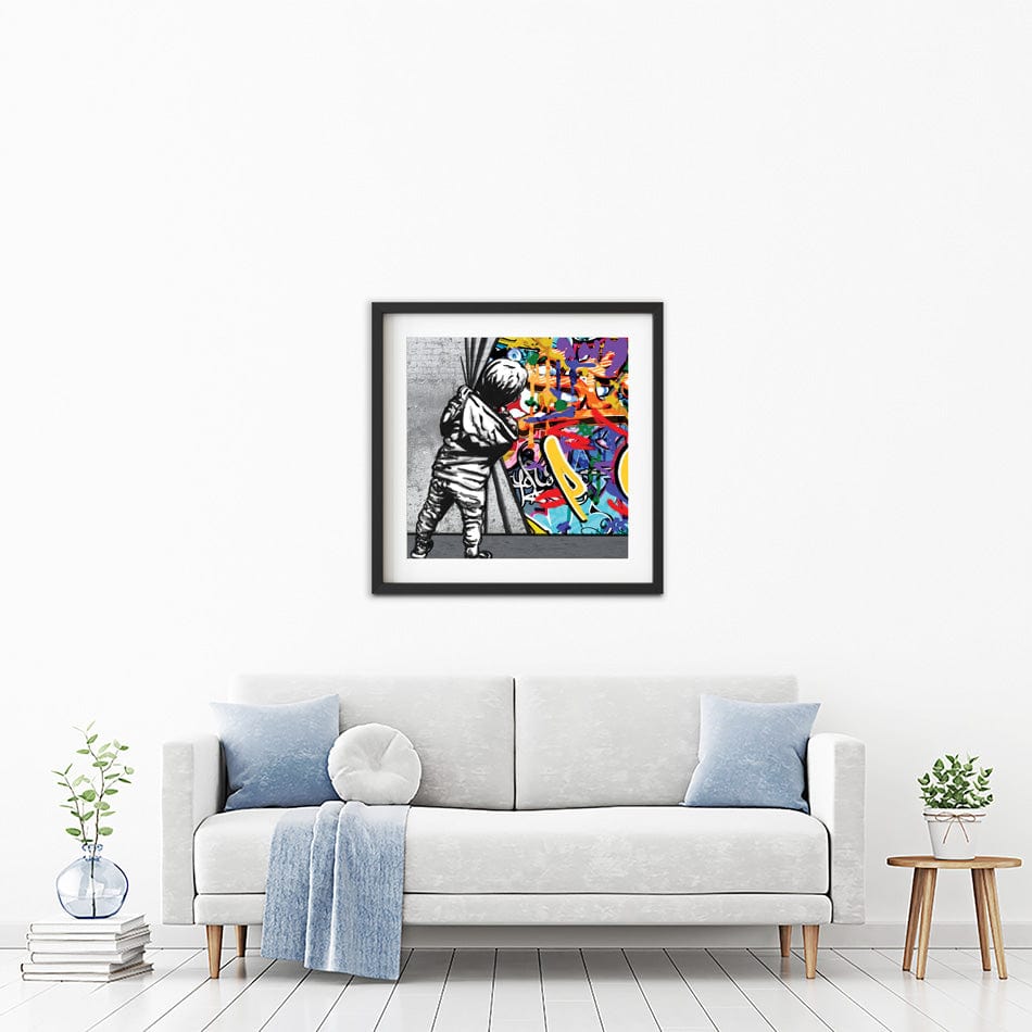Boy Pulling Back The Curtain Square Framed Art Print wall art product Banksy