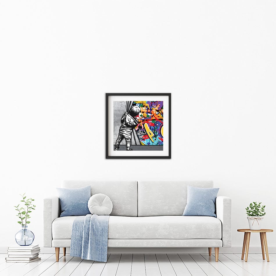 Boy Pulling Back The Curtain Square Framed Art Print wall art product Banksy