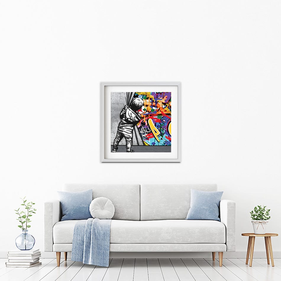 Boy Pulling Back The Curtain Square Framed Art Print wall art product Banksy