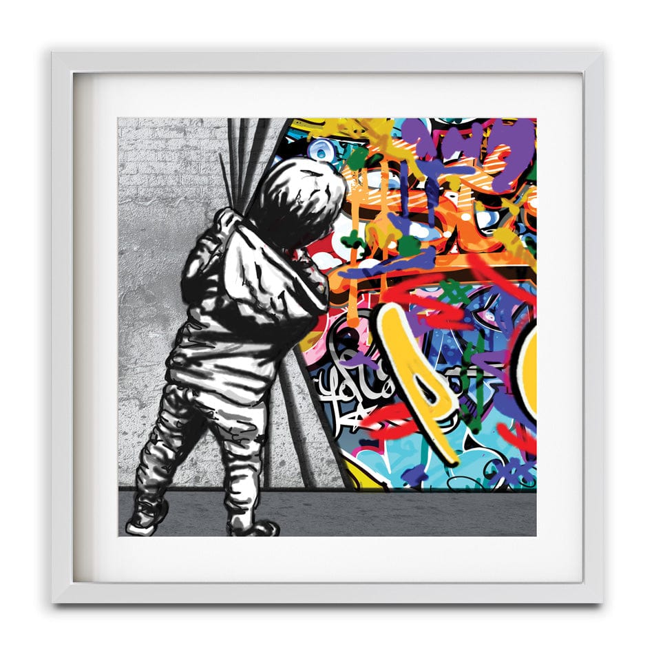 Boy Pulling Back The Curtain Square Framed Art Print wall art product Banksy