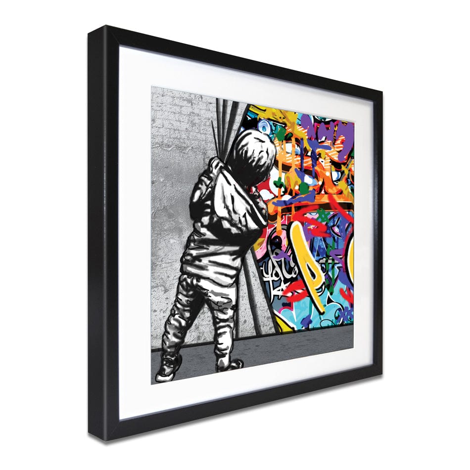 Boy Pulling Back The Curtain Square Framed Art Print wall art product Banksy