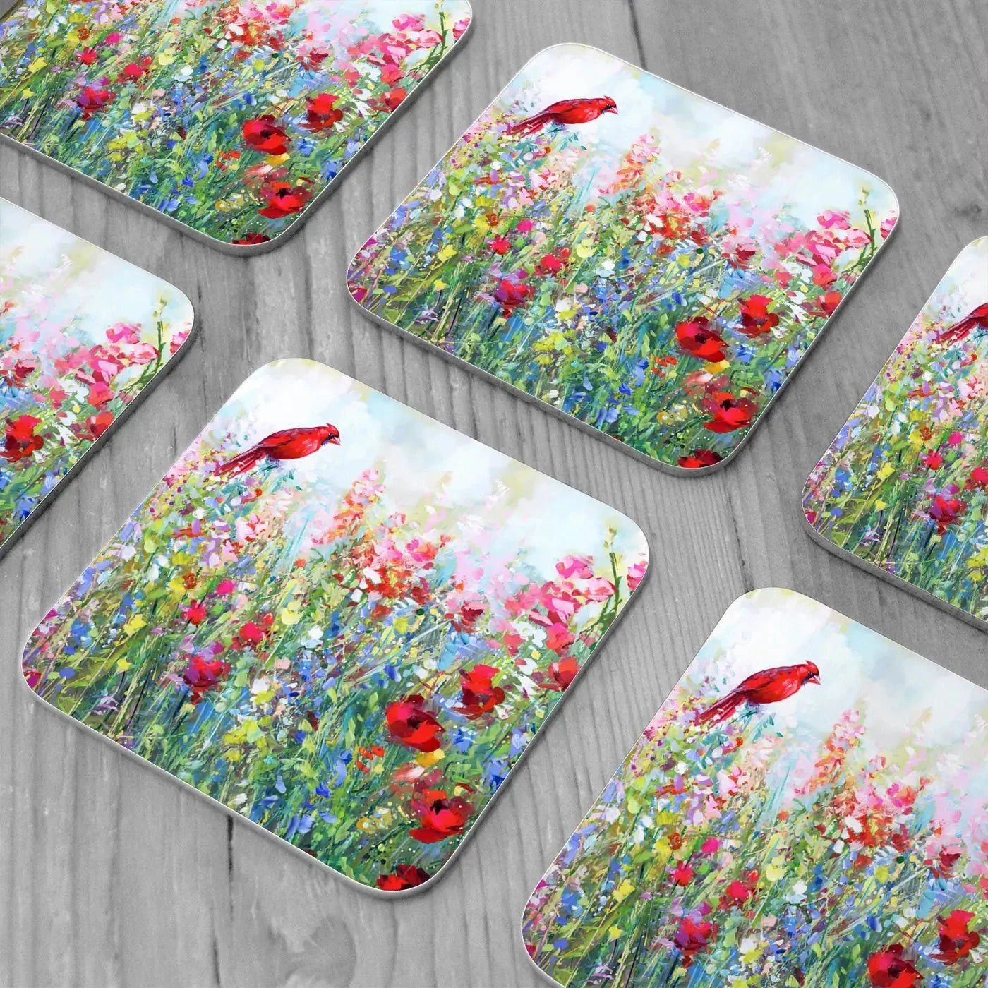 Cardinal Among The Wildflowers Coaster Set Rainbow Soul Tree Coaster Set | Rainbow Soul Tree Art Coasters wall art product Leon Devenice