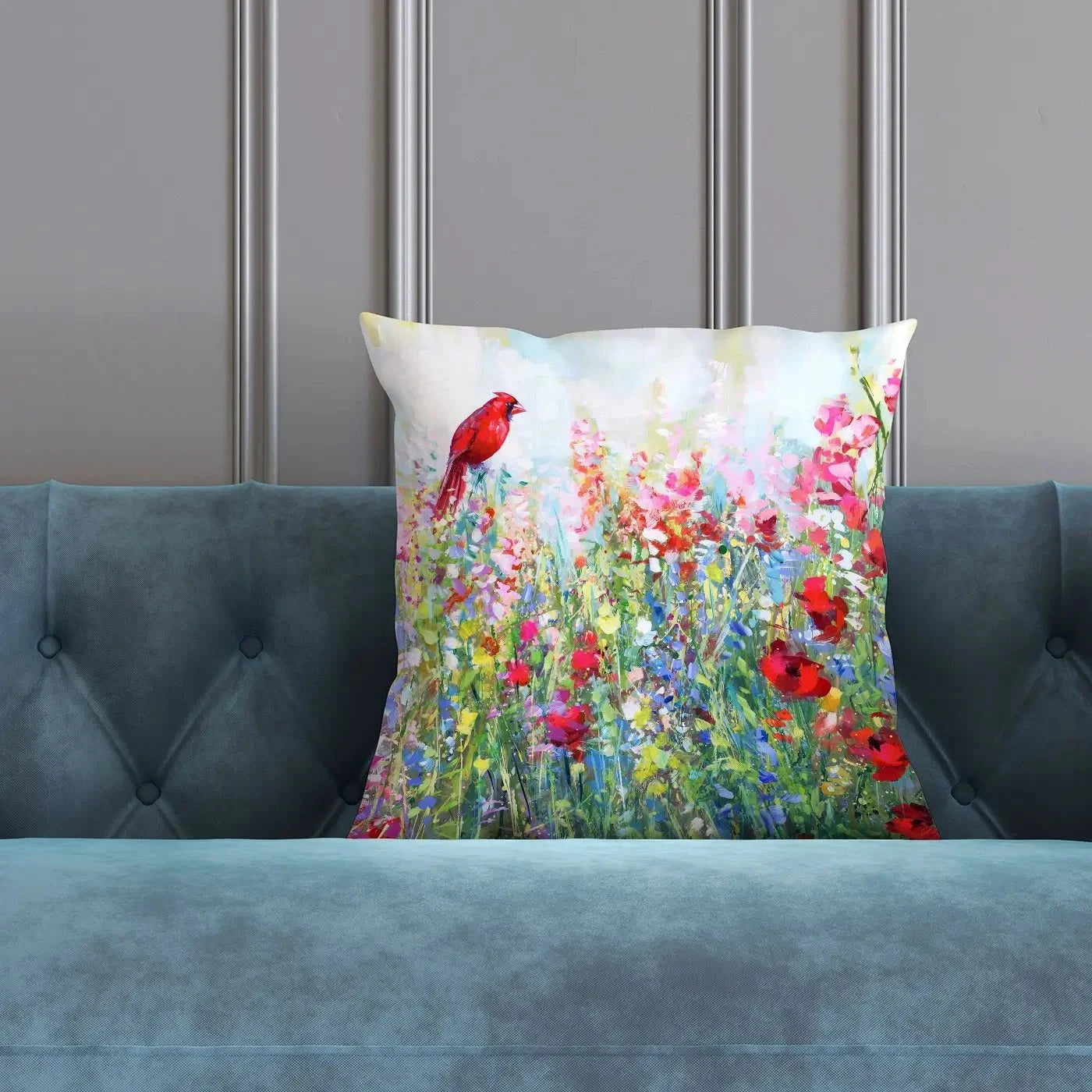 Cardinal Among The Wildflowers Cushion Cardinal Among The Wildflowers Cushion wall art product Leon Devenice