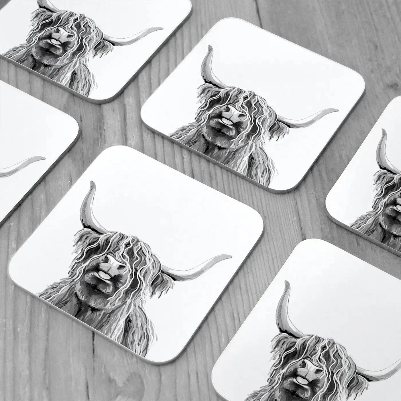 Cheeky Black And White Highland Cow Coaster Set Cheeky Black And White Highland Cow Coaster Set wall art product Independent