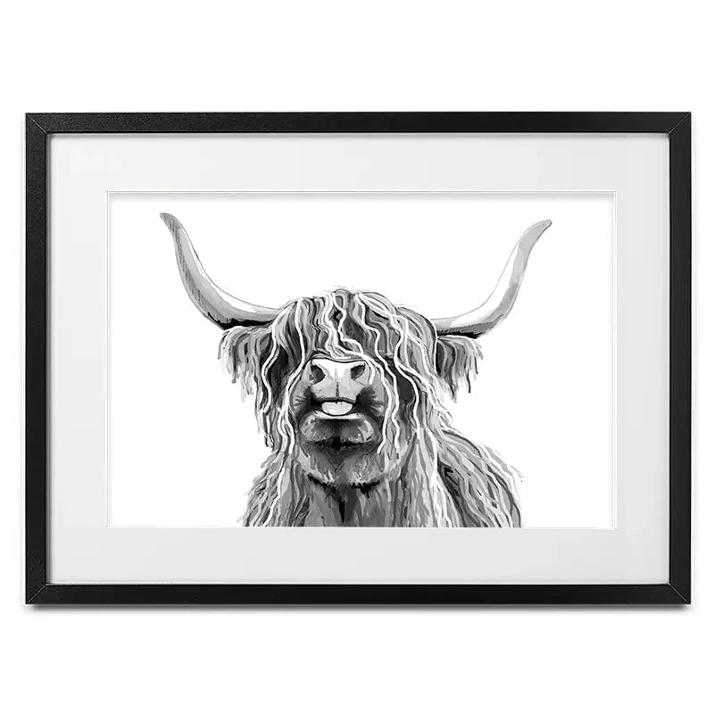 Cheeky Black And White Highland Cow Framed Art Print Cheeky Black And White Highland Cow Framed Art Print wall art product Independent