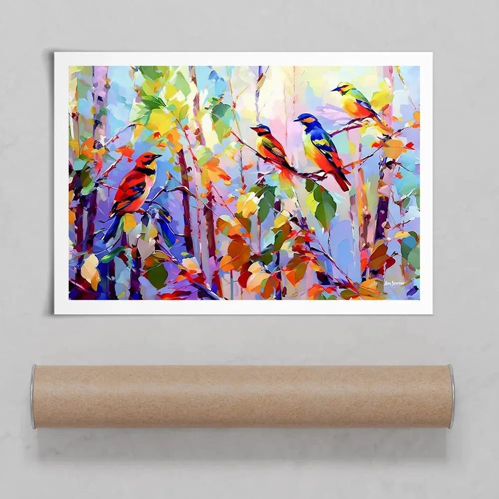 Colourful Birds Chirping Art Print Colourful Birds Chirping Art Print wall art product Leon Devenice