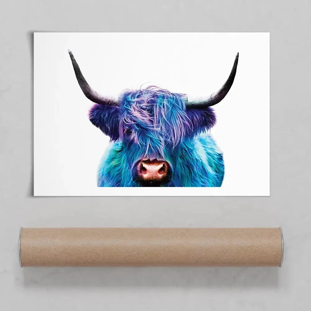 Colourful Blue Highland Cow Art Print Colourful Blue Highland Cow Art Print wall art product Patricia Chumillas / Shutterstock